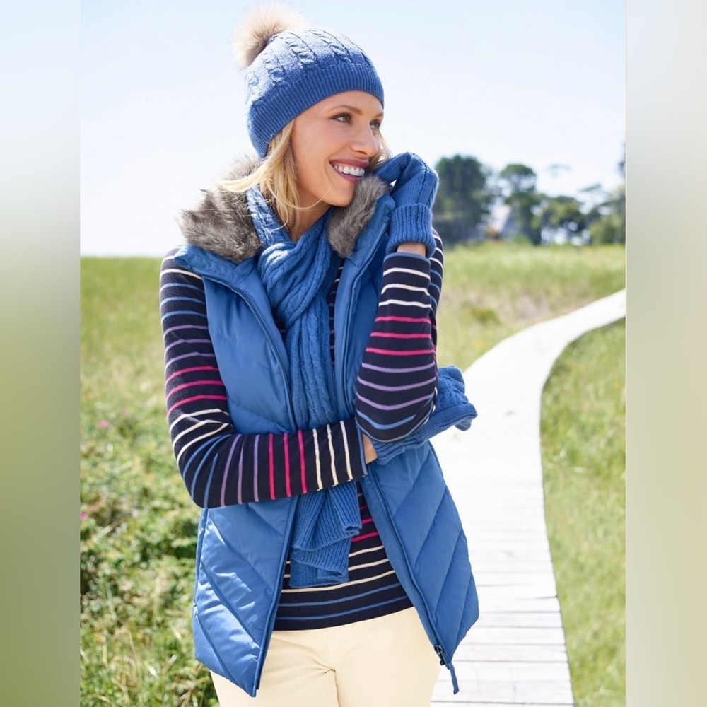 TALBOTS P194031200 CORNFLOWER BLUE ZIP FRONT QUILTED PUFFER FAUX FUR COLLAR VEST